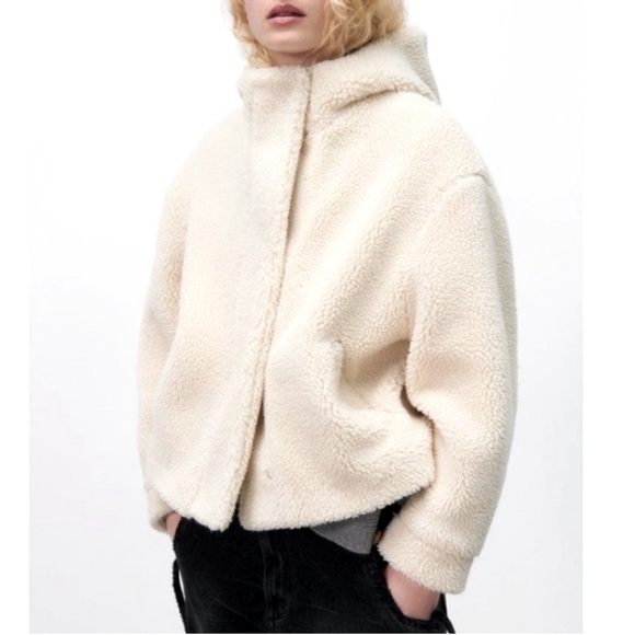 Zara Teddy Sherpa Hooded Cream Jacket L - Picture 1 of 9
